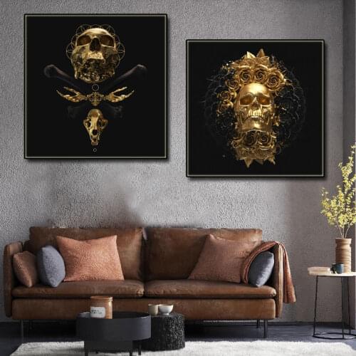 Modern Canvas Painting Black Gold Flower Skull Print Poster Still Life Prints Wall Art Picture for Living Room Decoration