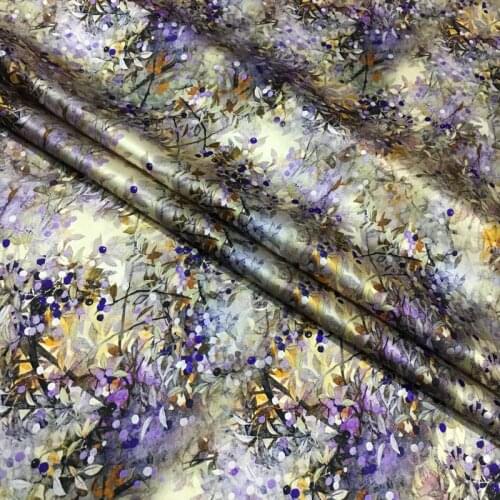 Natural Silk Fabric 2021 New Purple Oil Painting Hazy Flowers and Plants Printing Stretch Silk Satin Clothing Fabric