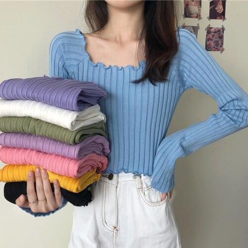 2021 Spring Women Long Sleeve Knitted Sweaters Tops Korean Lady Square Neck Knitted Knitted Pullovers WDC031
