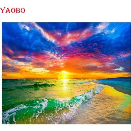 Yaobo DIY Diamond Embroidery beach Ocean Sunset Picture Of Rhinestones Mosaic Painting With Diamonds full round Diamond Painting