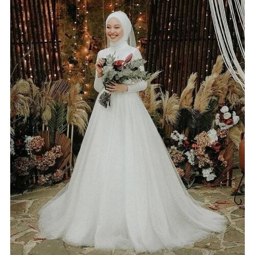 YiMinpwp Muslim Wedding Dresses O Neck Long Sleeve Sweep Train Beading Sequined Modest Garden Bridal Gowns vestidos de novia