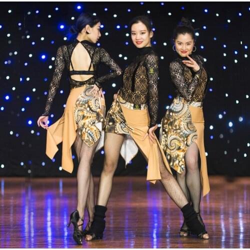 Sexy backless Ballroom Black lace long sleeve modern Latin dancing clothing top skirts for women/female/girl New Tango costume