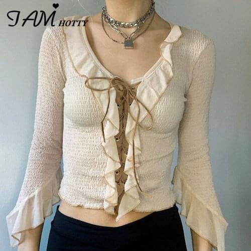 Ruffles Lace Up Bandage T Shirt Women V-neck Flare Long Sleeve Tops Grunge Fairycore Grunge Clothes Vintage Cardigan Iamhotty