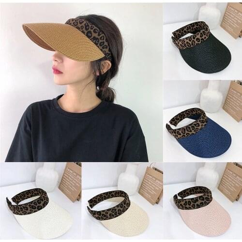 Women Styling Sun Hats Outdoor Sports Equ Empty Top Straw Leopard Printed Sunproof Cycling Fishing Climbing Beach Visor Hats