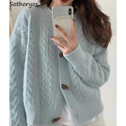 Women Cardigan Solid Long Sleeve O-neck Fashion Spring Autumn Outwear Knitted Loose Coats Vintage Korean Style Single Breasted