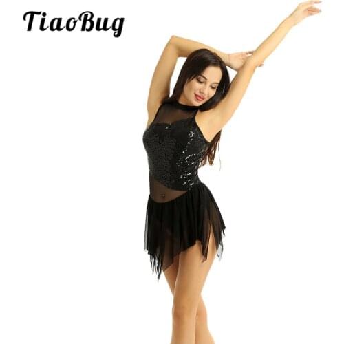 TiaoBug Women Sleeveless Halter Shiny Sequins Irregular Mesh Splice Figure Skating Dress Gymnastics Leotard Ballet Dance Costume