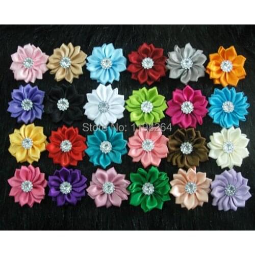 1.5'' satin ribbon multilayer flower with Rhinestone center, DIY flower for kids headband&hair clips, 60 pcs/lot free shipping