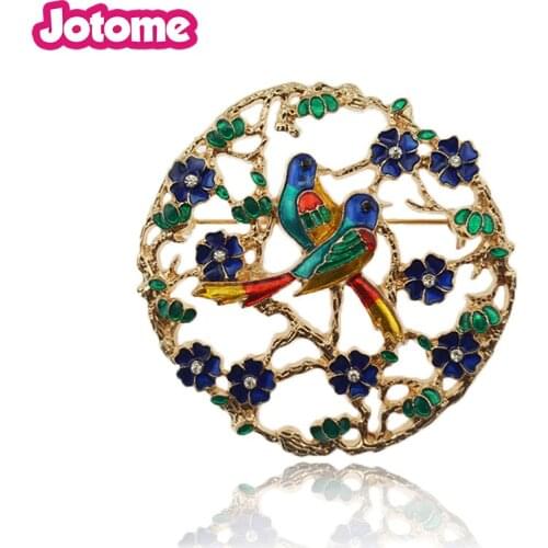 10pcs Forest Series Enamel Parrot Bird Drops Glaze Tree Branches Round Alloy Hollow Animal Flower Collar Pin Brooch