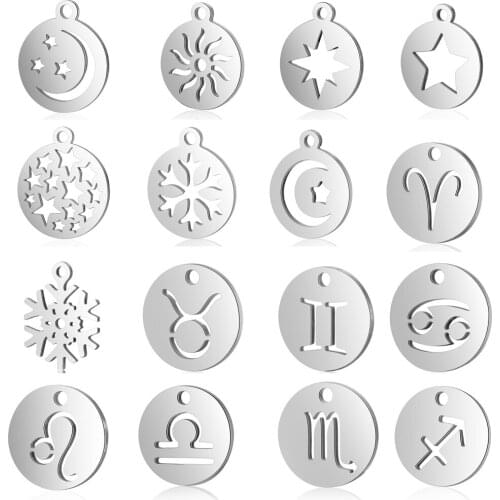 10pcs/lot Sun Star DIY Charms Wholesale 100% Stainless Steel Snowflake Moon Pendant 12 Constellation Zodiac Sign Jewelry Charm