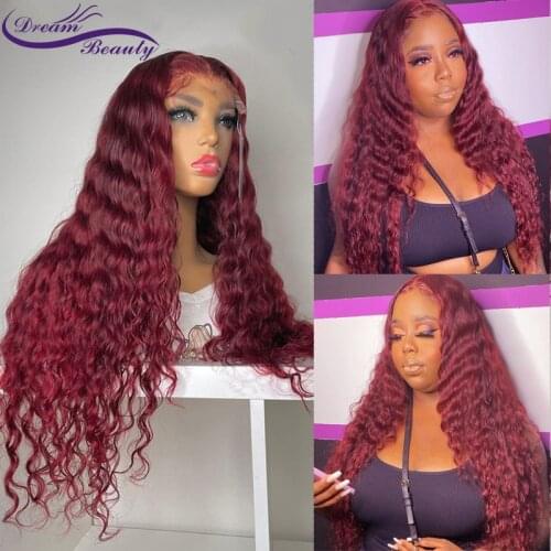 180% Burgundy Lace Front Human Hair Colored #99j Preplucked 13x4Lace Frontal Wigs For Women Brazilian Wigs Curly Remy Hair