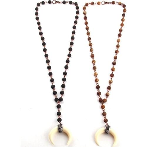 Free Shipping Fashion Semi Precious Stones Rosary Chain Ox Horn Moon Pendant Necklaces Women Ethnic Necklace