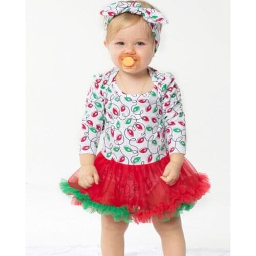 Baby Christmas Gifts New Cute Infant Newborn Long Sleeve Rompers with Lace tutu dresses Bowknot hairband Clothing Set For Party