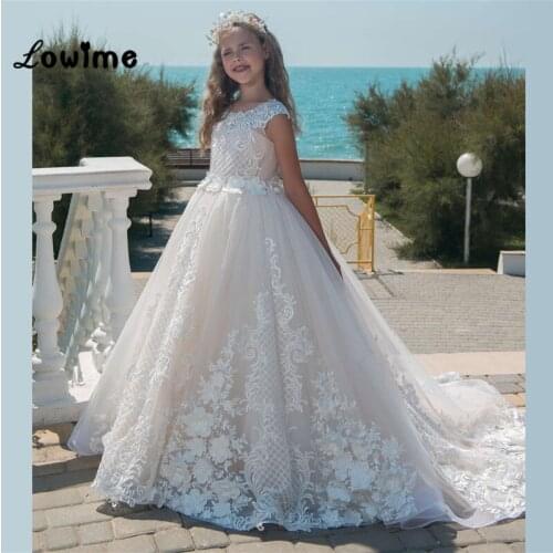 Ivory Kids Pageant Evening Gowns Lace Applique Flower Girl Dresses For Weddings Cheap First Communion Dresses For Girls 2018 New
