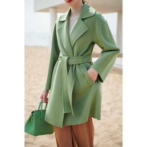 Avocado Green double-sided cashmere coat womens medium and long style high-end close waist thin wool coat autumn and