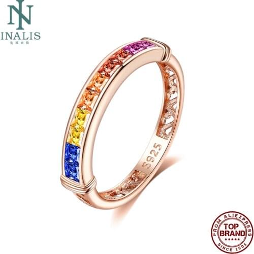 INALIS Rainbow Zircon Multisize Ring For Women S925 Sterling Silver Engagement Wedding Band Rose Gold Charming Fine Jewelry