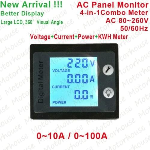 AC Power Meters Monitor Volt Amp kWh Watt 4-in-1 Digital Electric Combo Meter AC 80V-260V Voltage+Current+Power+KWH Meter