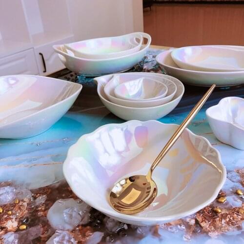 Ceramic Plate Snack Fruit Salad Bowl Pearlescent Porcelain Tray Tableware Dishes Kitchen Utensils Plates Nordic Home Food Bowl