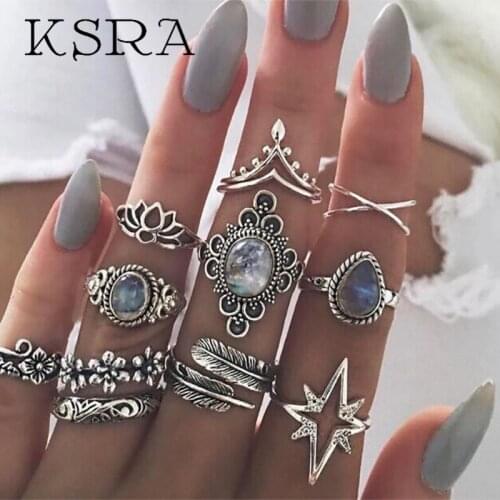 2020 New Arrival Star Flower Trendy Rings Set Silver Color Retro Style 11pcs Rings Sets Women Jewelry For Holiday Gift