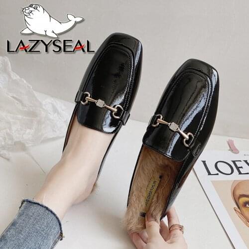 LazySeal 2020 Winter Warm Real Hairs Mules Women New Crystals Metal Buckle Furry Half Slippers Hairy Flip Flops Women Shoes