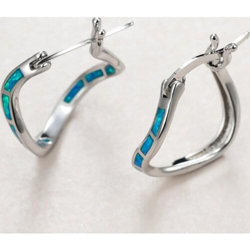 Cute Female Blue Opal Hoop Earrings Vintage Silver Color Wedding Earrings Trendy Bride Geometric Small Earrings For Women