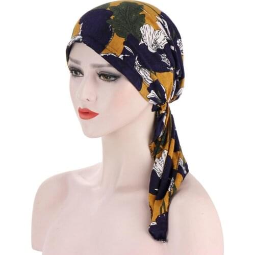 Fashion flower print women turban hijab caps long tails headscarf bonnet muslim inner hijabs arab wrap head scarf turbante mujer