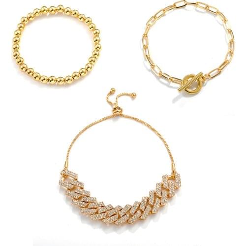 3Pcs Bling Rhinestone Bracelet Set Punk Hip Hop Iced Out Cuban Thick OT Beads Chain Bracelet for Women Jewelry Accessories