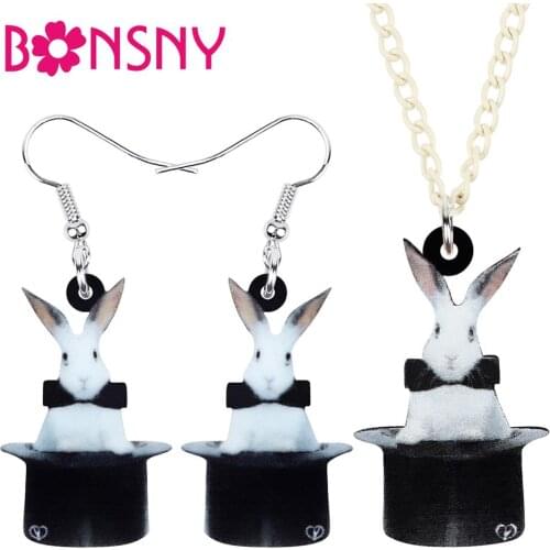 Bonsny Acrylic Magic Hat White Rabbit Bunny Jewelry Sets Lovely Animal Necklace Earrings For Women Girls Teens Decoration Charms