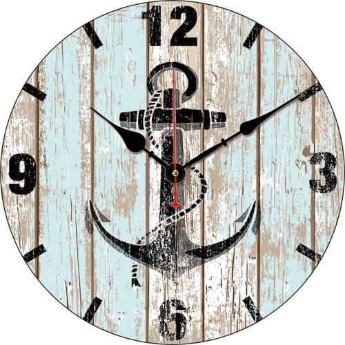 Wall Clock Retro Anchor Navy Coastal Theme Home 12 Inch Silent Vintage Design Wooden Round Wall Clock Arabic Numerals
