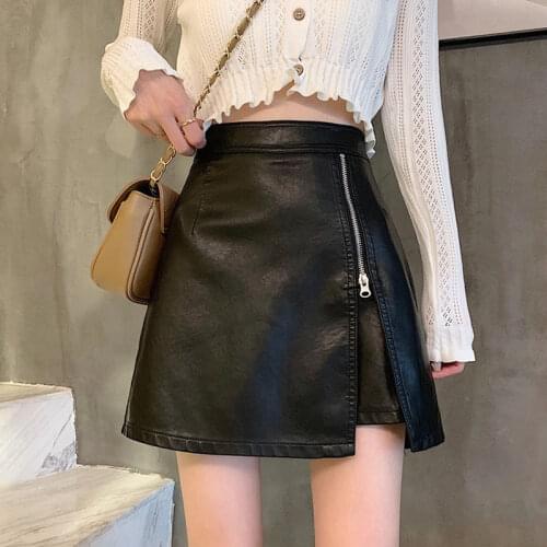 2020 Newest Women A Line Skirt Open Fork Zipper PU Leather High Waist Pencil Skirt Wrap Hip Short Mini Punk Skirts Ladies Black