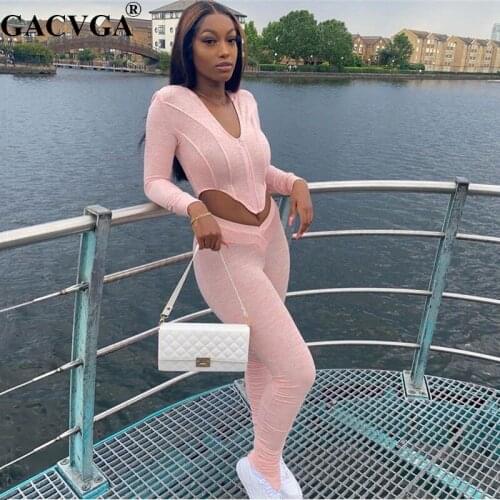 GACVGA Casual Two Piece Set Women Streetwear Outfits Zipper Long Sleeve Crop Top And Pant Biker Women Matching Sets Tracksui