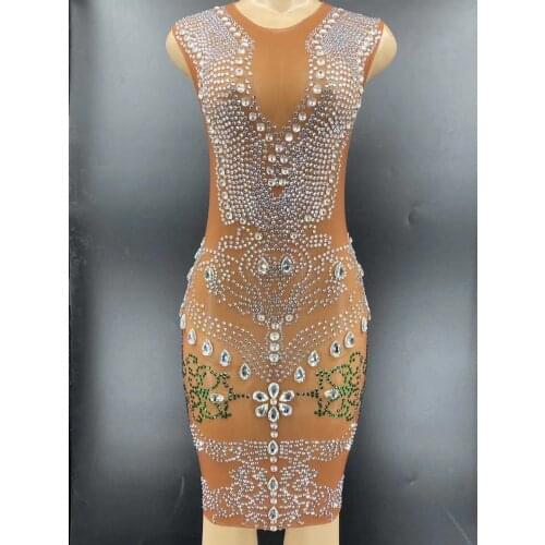 Luxurious Rhinestones Mesh Long Sleeve Short Dresses Singer Performance Outfit Party Dresses Women Evening Birthday Outfits