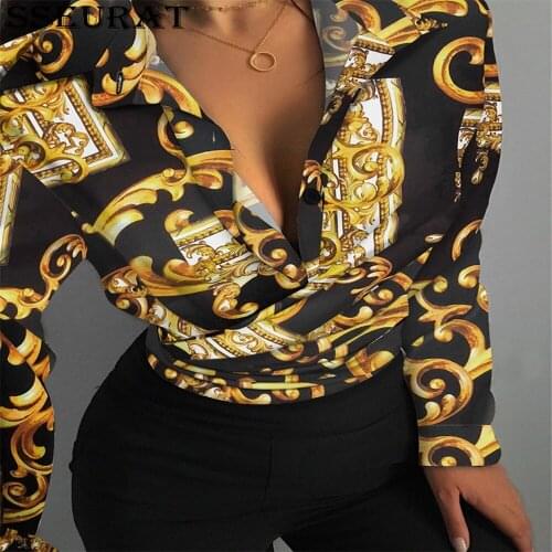 SSEURAT Vinatge Blouses 2021 Autumn Womens Long Sleeve Elegant Irregular Print Shirt Fashion Tops