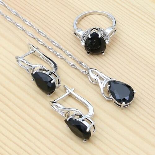 Punk Jewelry Set 925 Sterling Silver Ring Earring Pendant Chain Black Spinel Party Jewelry Accessories for Girls