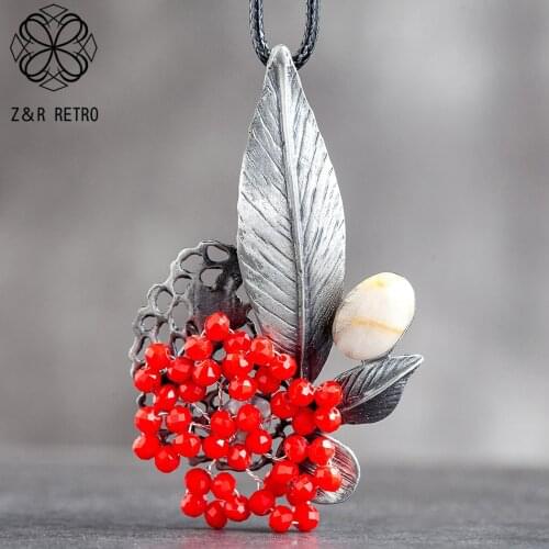 Jewelry Red Crystal Beads Flower Pendant Long Necklace for Women Vintage Plant Suspension Rope Chains Choker Wholesale Jewellery