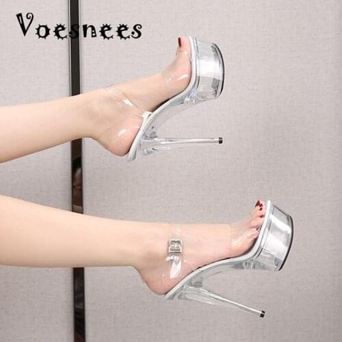 2019 New Sexy Women High Heels 15cm Summer Woman Transparent Crystal Shoes Sandals Big Size 34-43 Thin Heel Wedding Shoes V2547