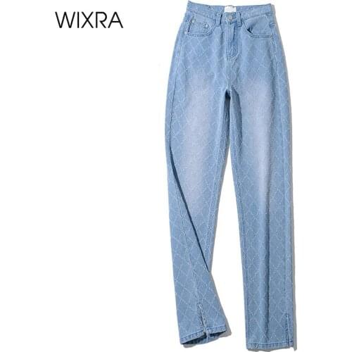 Wixra Womens 2021 New Streetwear Button Zipper Full Length Hole Pant Ladies Loose Straight Pockets Split Casual Wide Leg Jeans