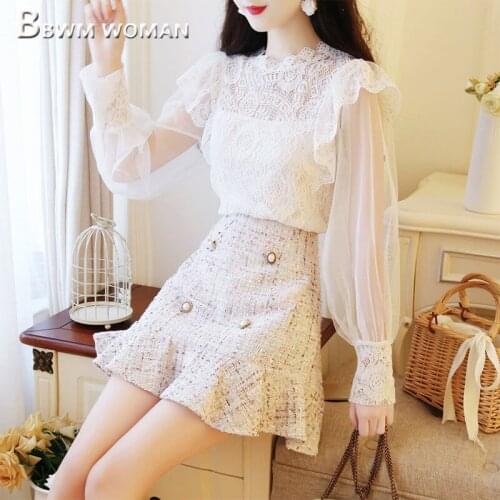 2019 Sweet Office Lady Women Sets Autumn Long Sleeve Blouse And Tweed Skirt Female Sets