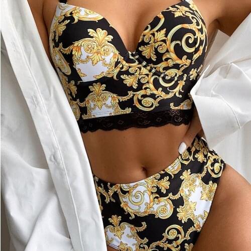 2021 Womens Push Up Bra Swimsuit Golden Pattern Sexy Lace Straps High Waist BikiniUnderwear Set Belted Sexy Mini Bathing Suit