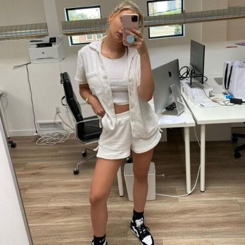 Summer Beach White Jacket and Shorts Two Piece Set Women 2021 Tracksuit Loungewear Casual Cardigan Autumn Outfits Womens Sets