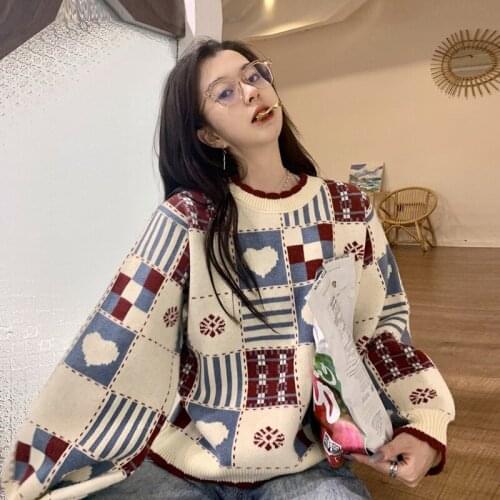 Harajuku Fashion Plaid Sweater Women Autumn Kawaii Thick Oversize Pullovers Female Knitwear Korean O-Neck Loose Knitted Jumper