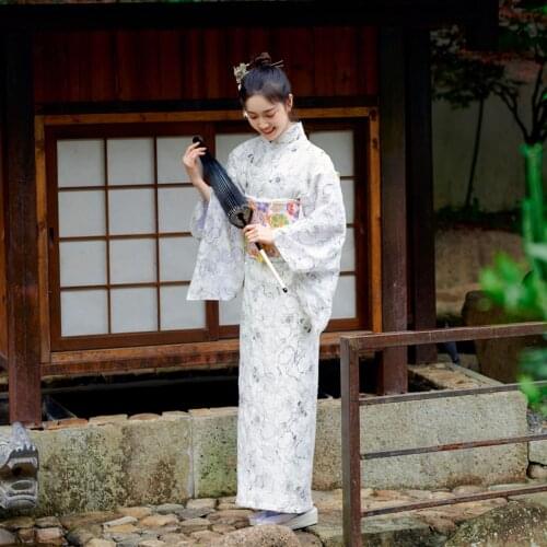 2021 SELLWORLDER Japanese Kimono Style yukata retro Girl white dress Woman floral print Long Dress with handbag