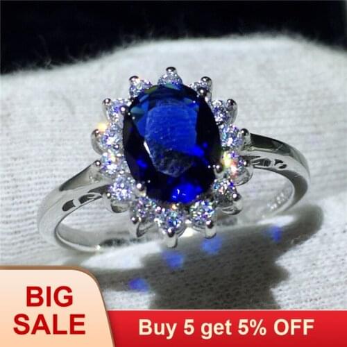 Royal Jewelry Princess Diana 100% Real 925 Sterling silver ring Blue 5A Zircon Cz Engagement wedding band rings for women Bridal