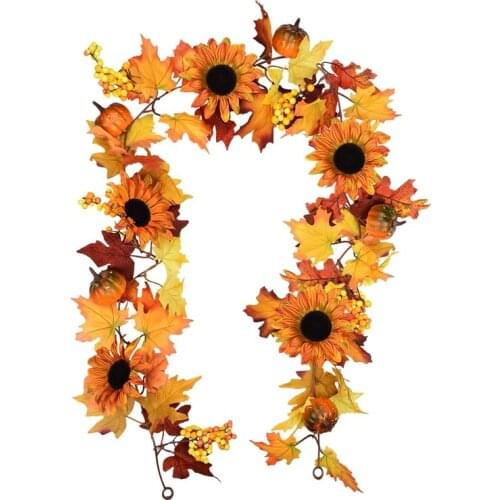177cm Artificial Maple Leaf Berries Sunflower Pumpkin Garland Hanging Vine Decoration Autumn Fall Wedding Party Thanksgiving Hom