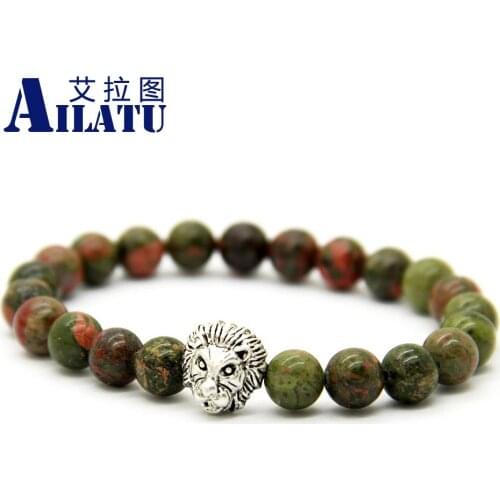 Ailatu Wholesale 10 pieces Bright Unakite Stone Beads Antique Silver Color Lion Head Men Beaded Bracelets Jewelry