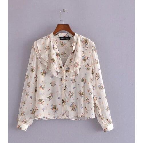 Floral Print Long Sleeve Ruffled V Neck T-Shirt Button Through Blouse Top