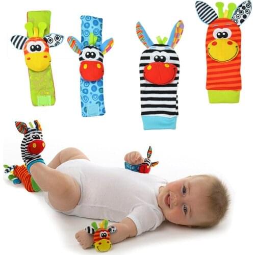 High Quality 2/4Pcs Baby Rattle Ring Plush Toy Soft Wrist watch strap Socks Soft Cute Cartoon Baby Strap Sensory ToyS