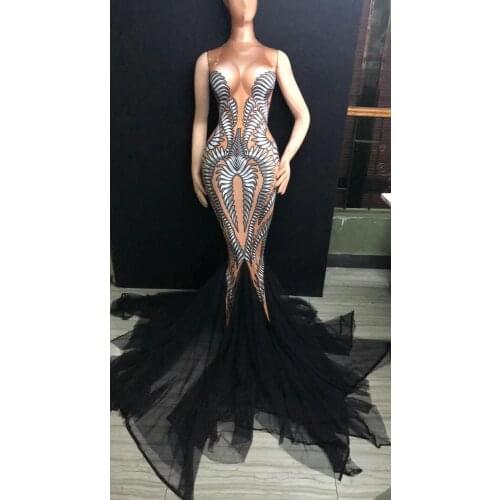 Black Mesh Trains Long Dress Performance Stretch Dance Dress Birthday Celebrate Outfit Nightclub Party Singer Costume Dress