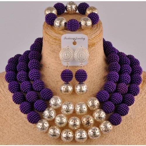Purple and siver costume necklace african set simulated pearl nigerian beads jewelry set FZZ92
