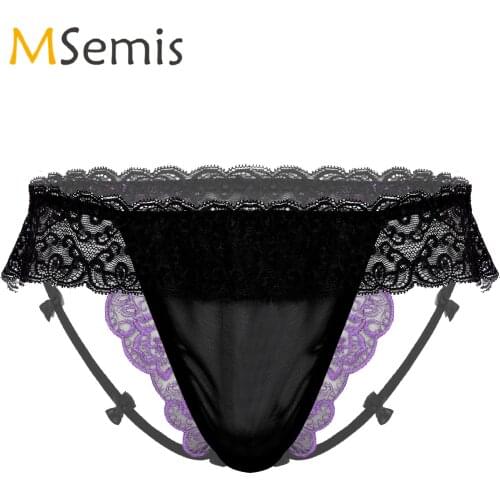 Gay Mens See-through Floral Embroidery Lace Ruffles Briefs Low Waist Sissy Underpants Bowknot Sexy Underwear for Valentines Day
