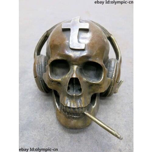 China brass copper carved beautiful Skull Heads listen to music smoking Statue